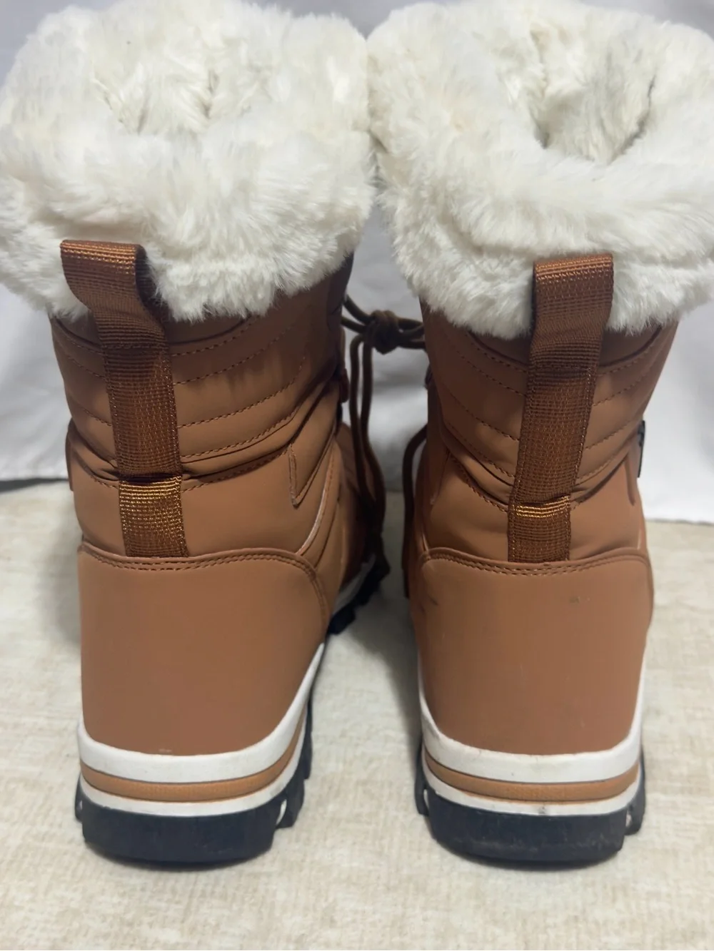 Hobibear Waterproof Winter Snow Boots Faux Fur Trim Lace Up Tan Brown